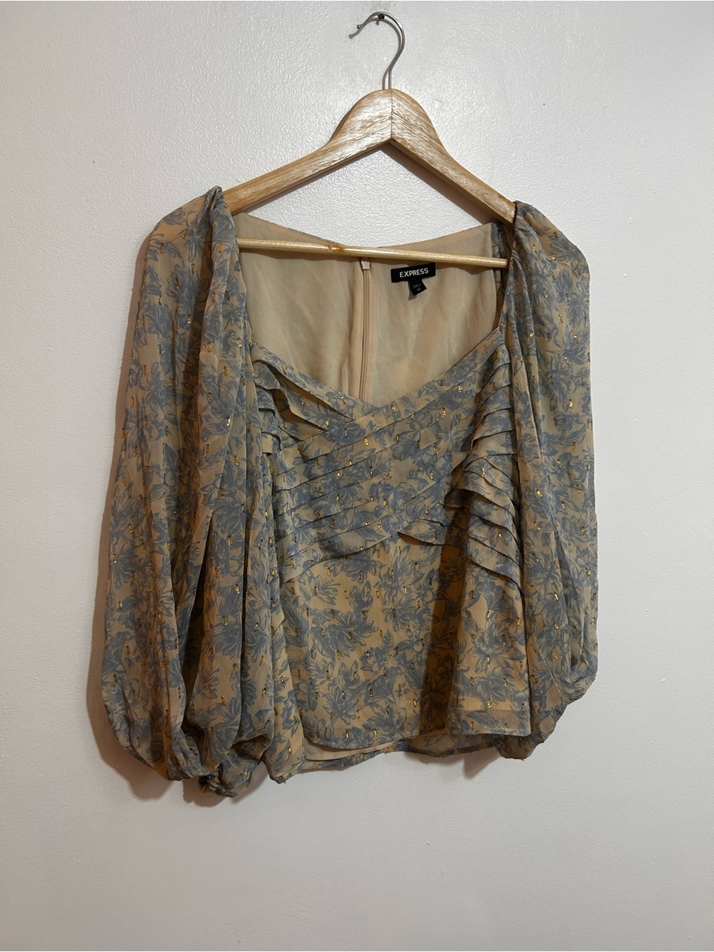 Express Floral Pleated Square-Neck Blouse in Beige and Blue